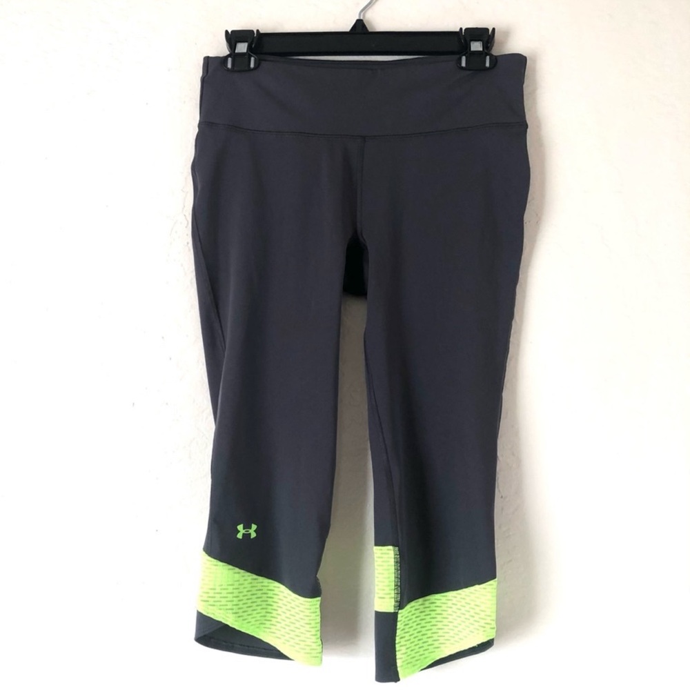 Under Armour crop leggings 
Dark gray with neon green accents